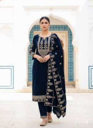 Navy Blue Velvet Embroidered Suit