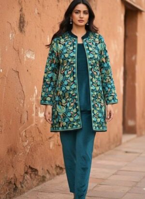 Peacock Blue Velvet Jacket Co-ord Set