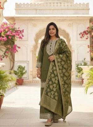 Olive Green Embroidered Suit & Banarasi Dupatta