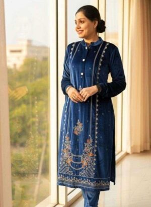 Blue Embroidered Velvet Suit