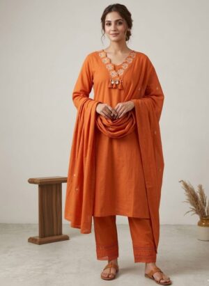Rust Orange Embroidered Kurta Set.