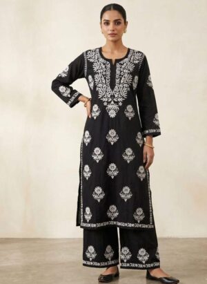 Black & White Chikankari Kurta-Palazzo Pants